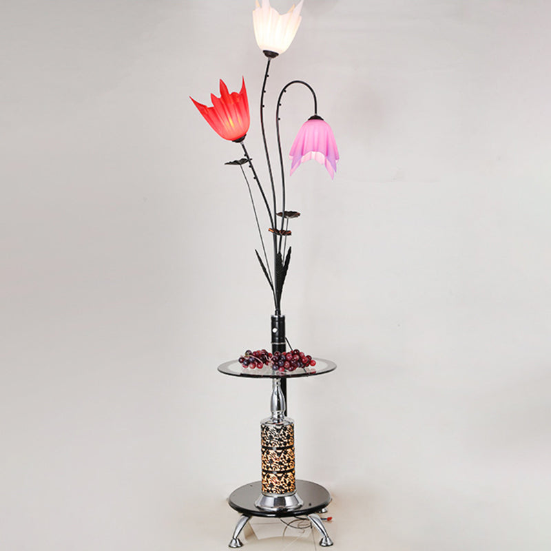 Flower Countryside Floor Lamp: Black Acrylic Tray 3-Light Design For Living Room
