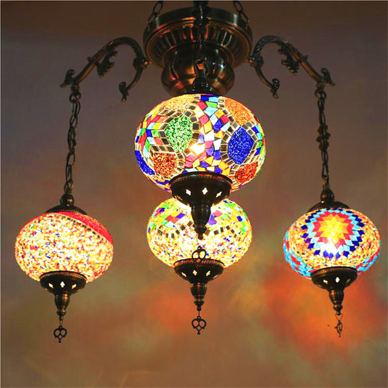 Colorful Glass Lantern Chandelier With Hanging Suspension - 4 Bulb Brass Light For Living Room
