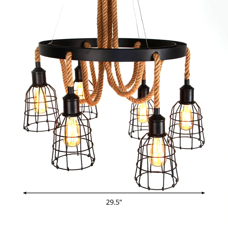 Vintage Style Black Multi-Light Chandelier Pendant With Rope Detail - Metal Global/Bell Cage Lamp