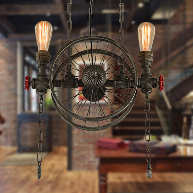 Rustic Exposed Bulb Hanging Light: Wheel Design 2-Light Wrought Iron Pendant Chandelier In Bronze