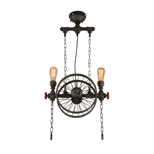 Rustic Exposed Bulb Hanging Light: Wheel Design 2-Light Wrought Iron Pendant Chandelier In Bronze