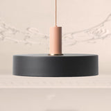 Contemporary Black Pendant Light With Metal And Wood Round Shade- Indoor Suspension Lamp