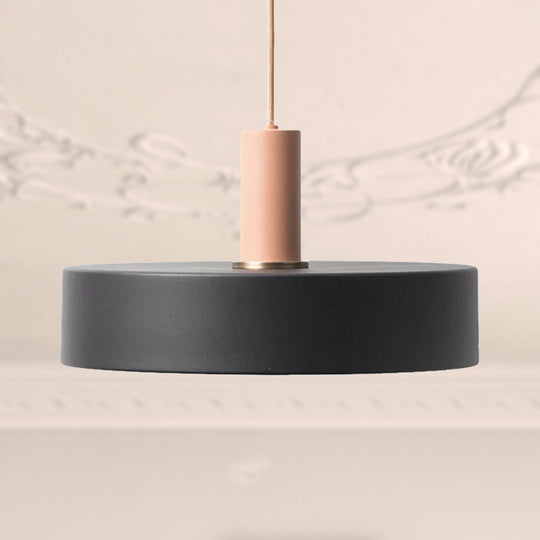 Contemporary Black Pendant Light With Metal And Wood Round Shade- Indoor Suspension Lamp