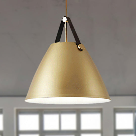 Modernist Conical Pendant Lighting - Metallic Suspension Light With Leather Strap Black/Blue