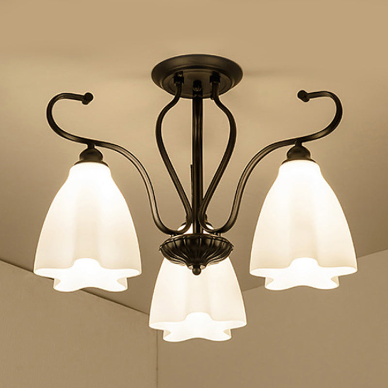 Flower-Shaped White Glass Ceiling Light Fixture With 3/6/8 Lights For Classic Living Room