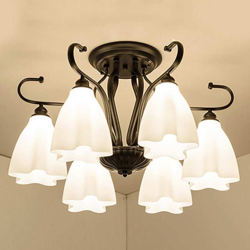 Flower-Shaped White Glass Ceiling Light Fixture With 3/6/8 Lights For Classic Living Room