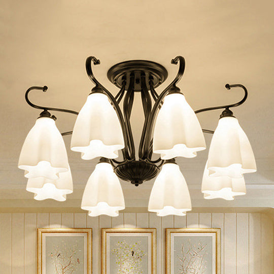 Flower-Shaped White Glass Ceiling Light Fixture With 3/6/8 Lights For Classic Living Room