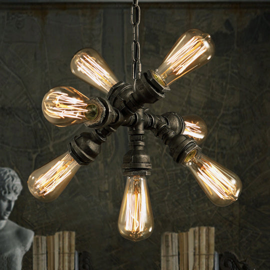 Antique Bronze Chandelier With 7 Bulbs – Vintage Metal Pipe Pendant Light Fixture
