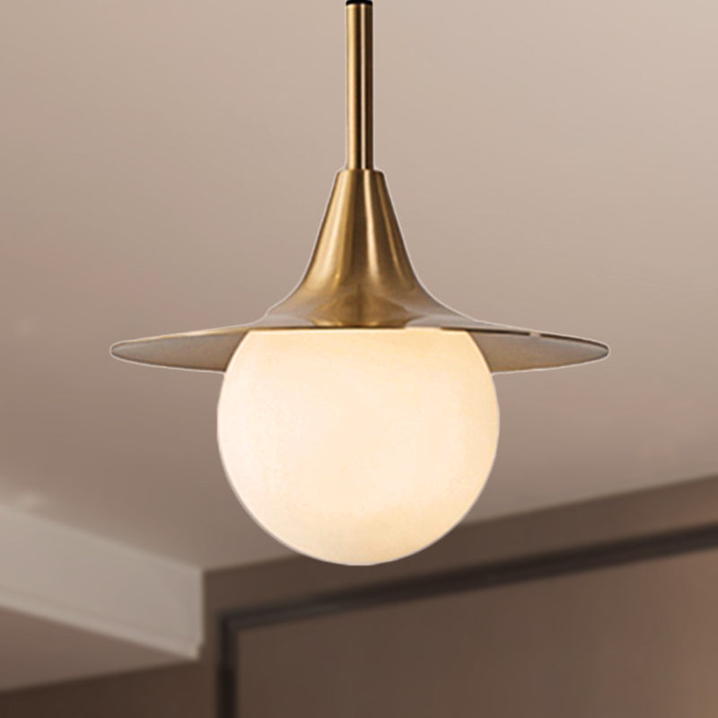 Mid Century Brass Ceiling Pendant Light With Milk Glass Ball Shade - Stylish Hanging Lamp For