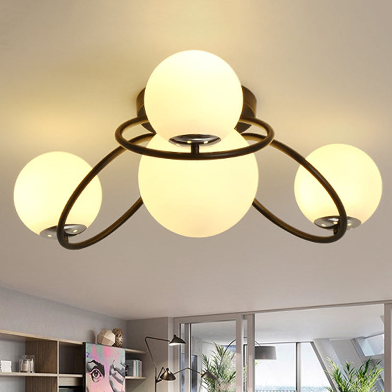 Classic 4-Light Opal Glass Semi-Flush Ceiling Fixture In Black/White For Living Room Black