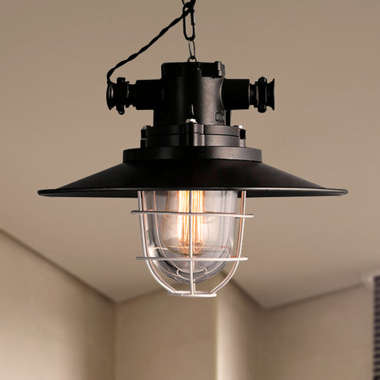 Nautical Metal Wire Cage Pendant Lamp With Saucer Shade And Bulb Black