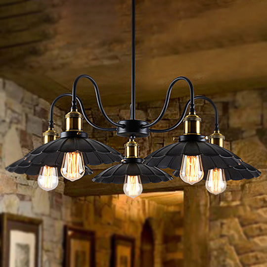 Industrial Metal Chandelier With Scalloped Design - Black Finish 5 Heads Indoor Pendant Lighting