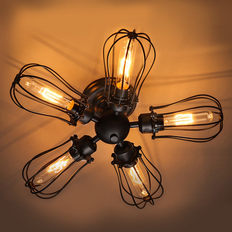 Rustic Wire Frame Ceiling Light - Vintage Bulb Shape With 3/5 Metal Lights In Black For Farmhouse