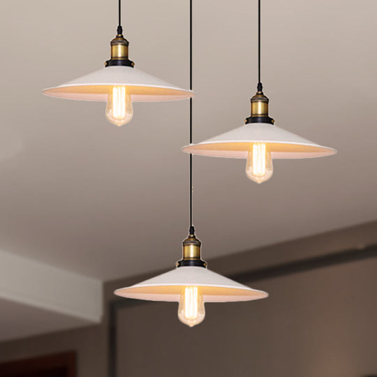 White Metal Pendant Light With 3 Industrial Saucer Hanging Ceiling Lights - Linear/Round Canopy /