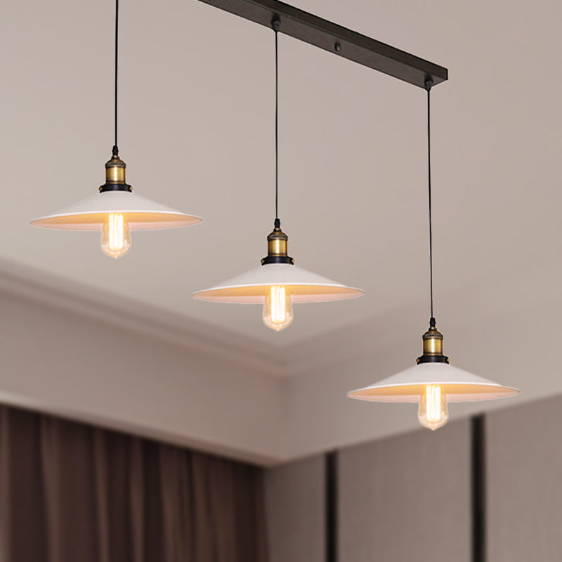 White Metal Pendant Light With 3 Industrial Saucer Hanging Ceiling Lights - Linear/Round Canopy