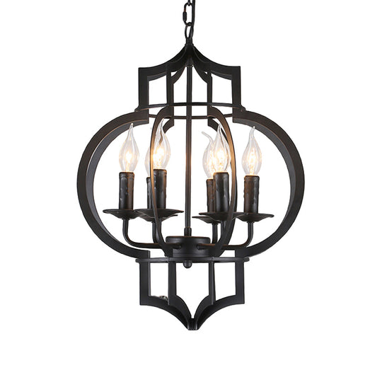 4/6 Bulbs Vintage Style Lantern Cage Chandelier Light In Black - Wrought Iron Medium Hanging Lamp