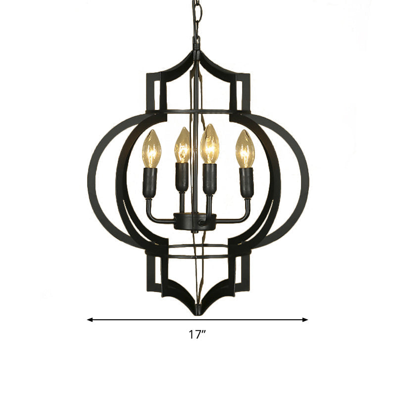 4/6 Bulbs Vintage Style Lantern Cage Chandelier Light In Black - Wrought Iron Medium Hanging Lamp