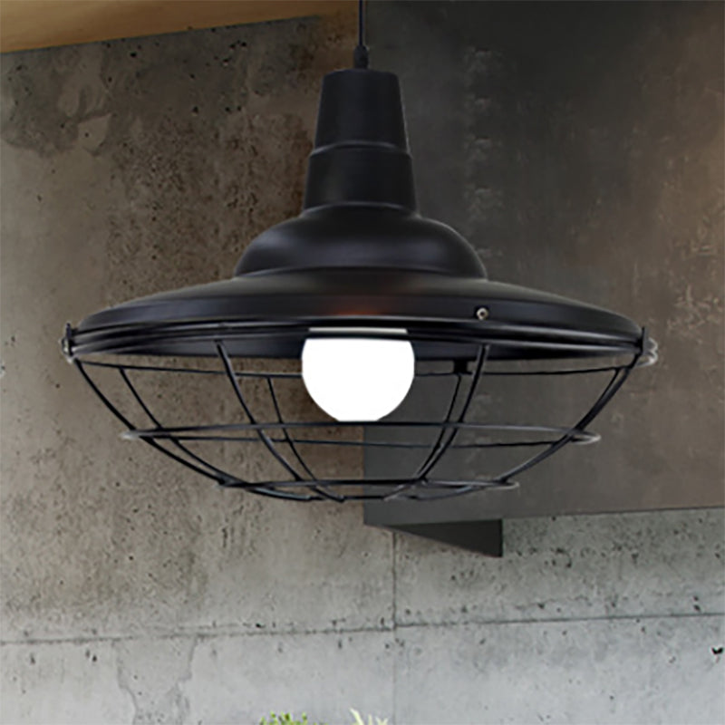 Industrial Black Metal Saucer Pendant Light For Restaurants - 1 Head With Cage Shade Ceiling Fixture