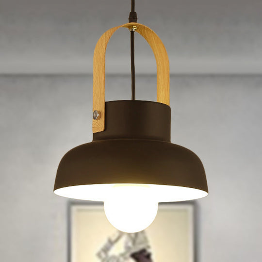 Retro Barn Pendant Lamp - 1-Light Metal Hanging Ceiling Light With Leather Strap In White/Grey/Black