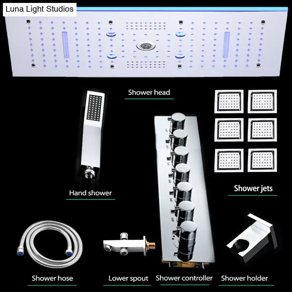 24x12 Inch 600x300mm Bluetooth Music LED Shower Head Panel Faucet Rain Mist Waterfall Column Thermostatic Mixer Valve