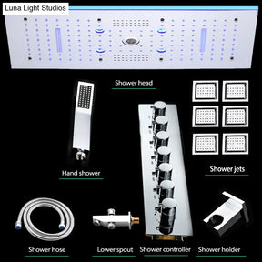 24x12 Inch 600x300mm Bluetooth Music LED Shower Head Panel Faucet Rain Mist Waterfall Column Thermostatic Mixer Valve