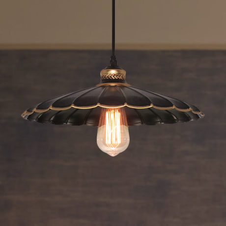 Vintage Industrial Black Metal Pendant Ceiling Light | Scalloped Hanging 10 Or 14 Ideal For