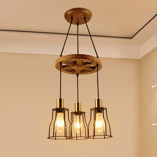 Industrial Wood Bell Cage Pendant Light With Brass Accents - 3/6 Lights For Living Room