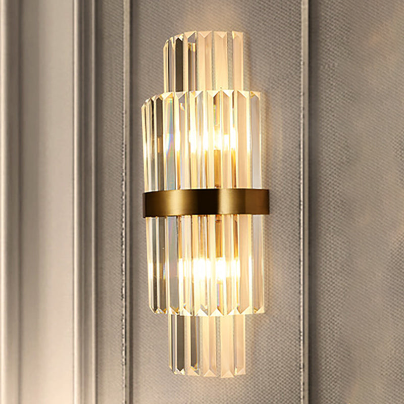 Modernist Clear Crystal Cylinder Wall Lighting Fixture - 2 Lights Golden Sconce Lamp (18/21.5