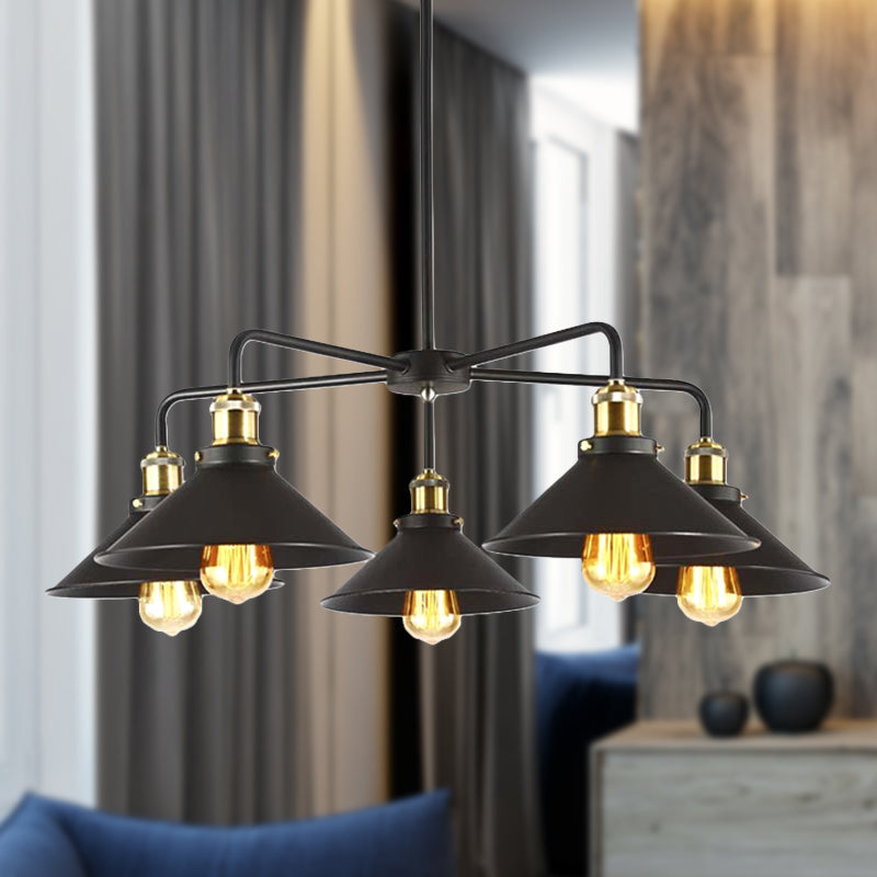 Industrial Style Black Metallic Hanging Light With Conical Chandelier Design - Perfect For Dining