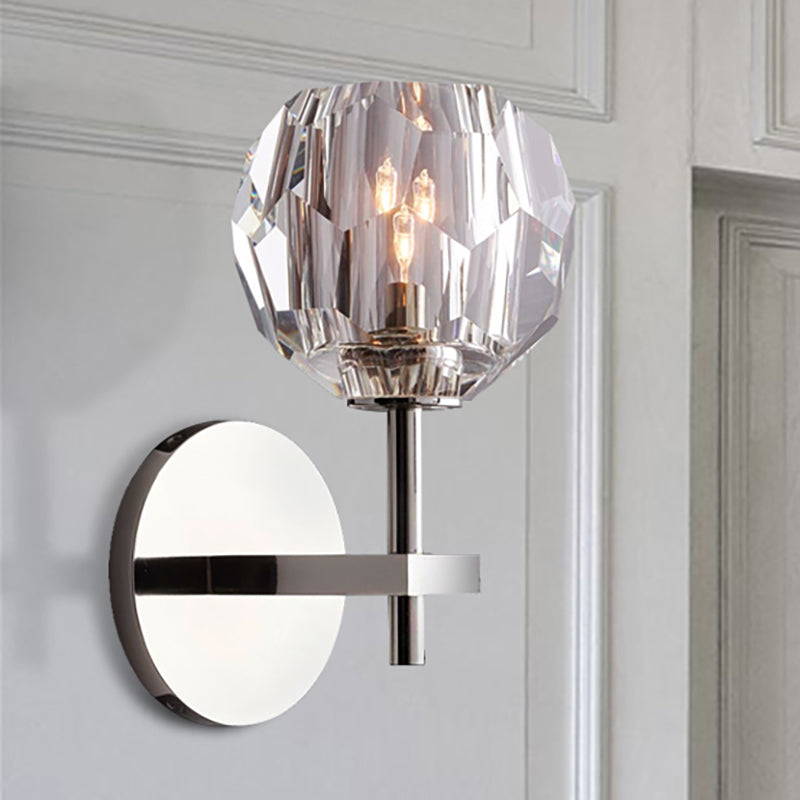 Crystal Faceted Wall Mount Lamp With Chrome Finish And Global Shade- Modern Style 1 Bulb