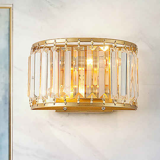 Modern Brass Wall Sconce With Drum-Shaped Clear Crystal Shade - 1 Light Living Room Lighting Fixture