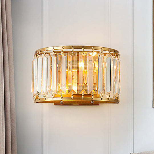 Modern Brass Wall Sconce With Drum-Shaped Clear Crystal Shade - 1 Light Living Room Lighting Fixture
