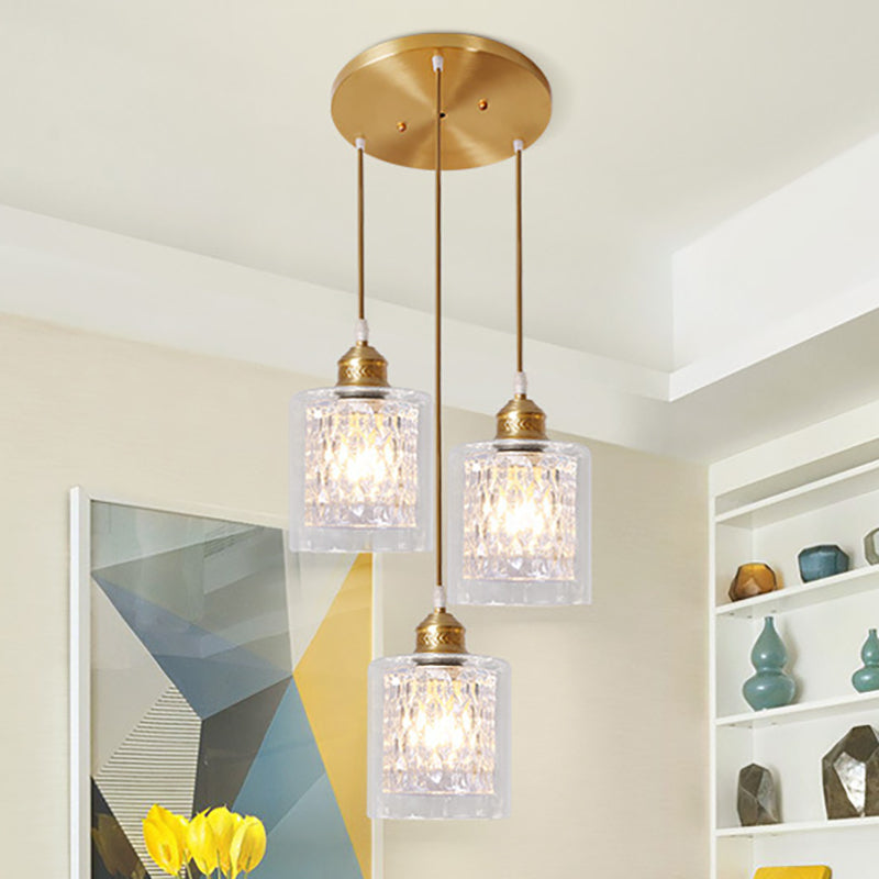 Modern Brass Pendant Light With Prismatic Glass Shade - 3 Lights Cylinder Design / Round