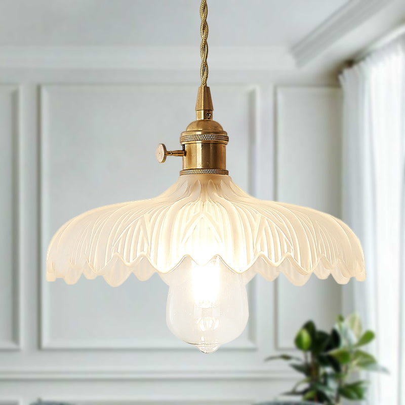 Brass Scalloped Pendant Ceiling Light With Frosted Glass - Farmhouse Style 1-Light Hanging Lamp For