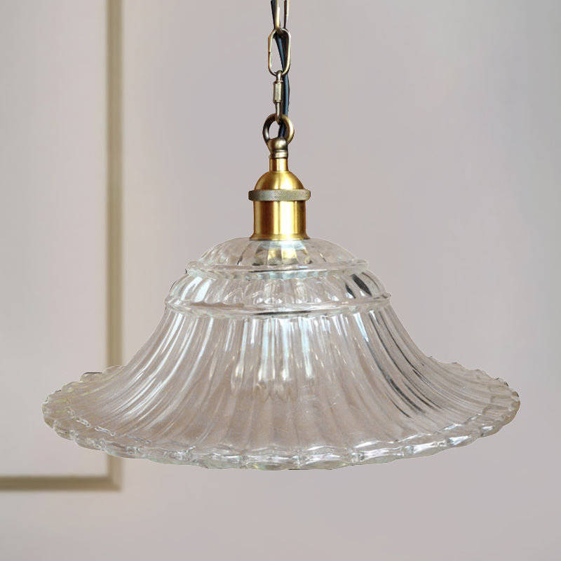Vintage Brass Ribbed Glass Scalloped Pendant Ceiling Light Fixture - 1-Light Hanging