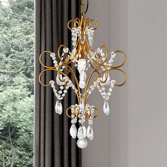Modern Gold Pendant Light With Glass Strand - Iron Bent Arm Frame