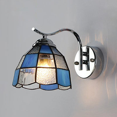 Tiffany Style Tapered Wall Light: Square/Gem Pattern Stained Glass Sconce In Blue