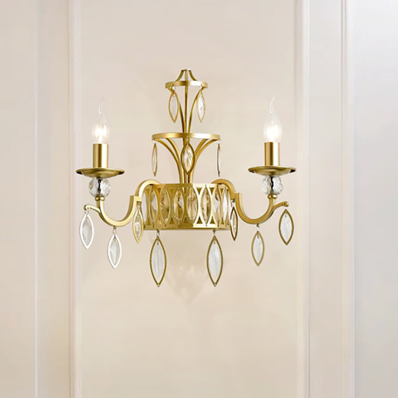 Rustic Metal Wall Sconce With Teardrop Crystal - 2 Lights Brass