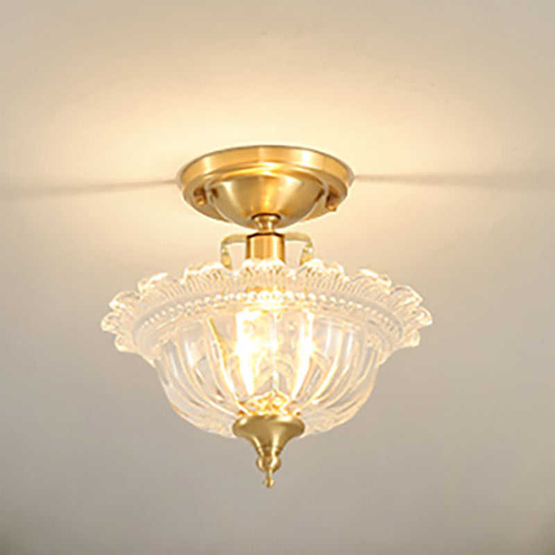 Contemporary Brass Ceiling Flush Mount With Flared Semi Ruffle Glass Shade - 1 Light