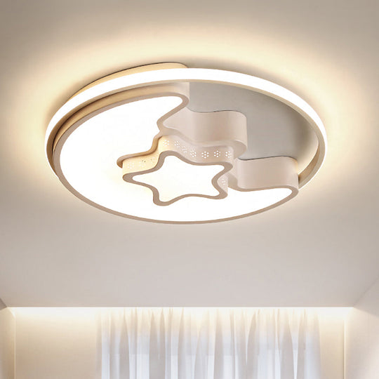 Modern Metal Star And Moon Flush Mount Ceiling Light – White Etched Finish For Foyer /