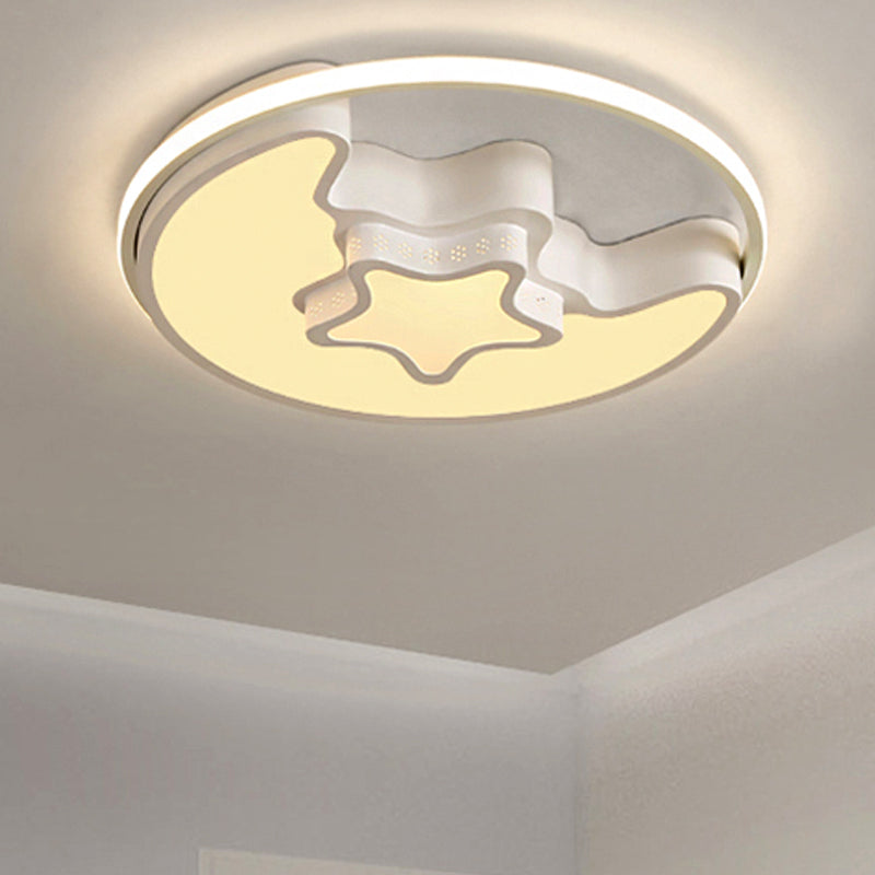 Modern Metal Star And Moon Flush Mount Ceiling Light White Etched Finish For Foyer / Warm