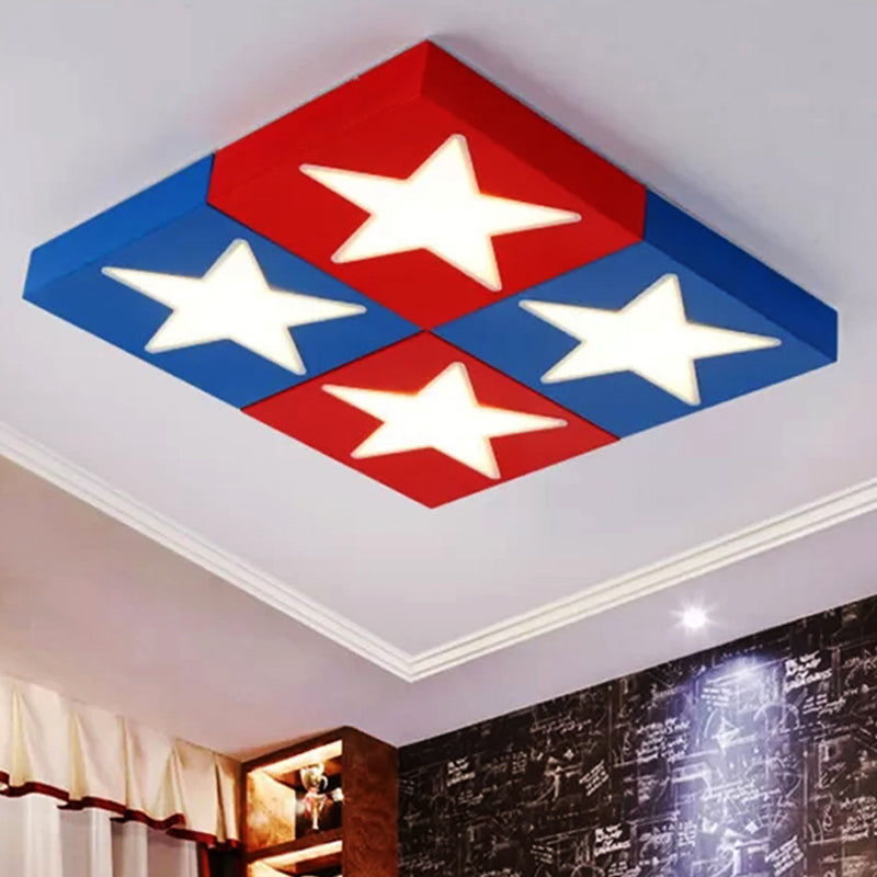Square Metal Flush Ceiling Light With Star Design - Modern Lighting For Kids Bedroom Blue / White