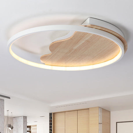 Nordic Wave Flush Ceiling Light With Wood Ring - White Fixture For Study Room / 16