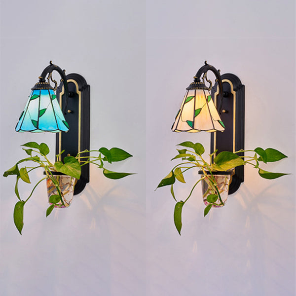 Tiffany Beige/Blue Glass Conical Sconce Lamp - 1 Head Black Wall Mount Light With Plant Design
