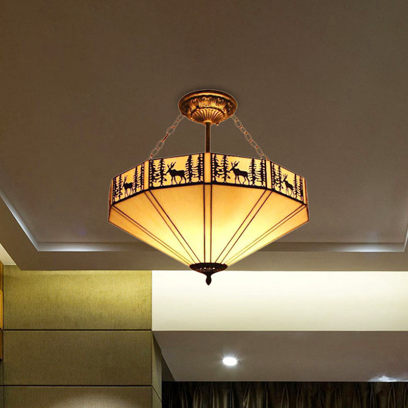 Rustic American Forest Deer Glass Ceiling Lamp - 11’/18’/22’ Wide Semi Flush Mount Light In