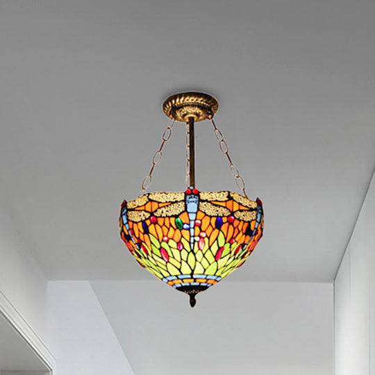 Dragonfly Stained Glass Ceiling Light - Rustic Tiffany Inverted Semi Flush Lamp (12’/16’ Wide
