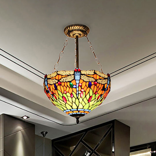 Dragonfly Stained Glass Ceiling Light - Rustic Tiffany Inverted Semi Flush Lamp (12’/16’ Wide