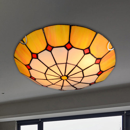 Tiffany Antique Art Glass Grid Bowl Ceiling Lamp In Blue/Orange/Yellow - 12’/16’ Width Bedroom