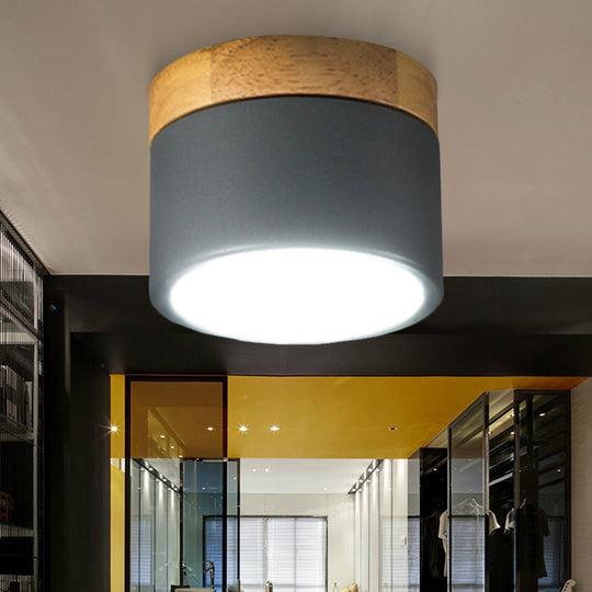 Aluminum Wood Flush Mount Down Light For Living Room Gallery - Simple And Stylish Drum Shape Grey