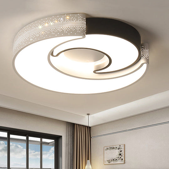 Contemporary 2-Moon Led Flush Ceiling Light For Kids Bedroom - Metal Acrylic Black & White / 16